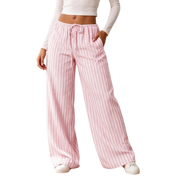Kezqiaxn Wide Leg Pants for Women Striped Elastic Waist Drawstring Loose Casual Trousers with Pockets Women's Clothing Pink XS