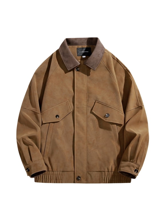 Winter Coats for Men Full-Zip Collared Long Sleeve Work Leather Jacket with Pockets Plus Size Fashion