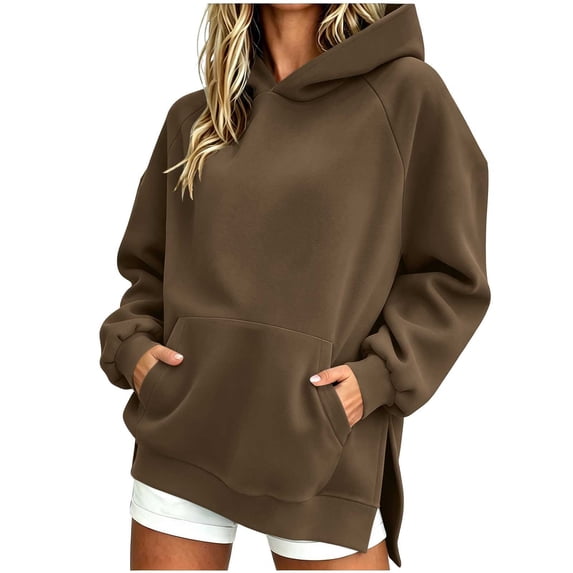 Kezqiaxn Women's Long Sleeve Hoodie with Pockets Fall Casual Side Slit Pullover Sweatshirt for Women Fashion Clothing Brown S
