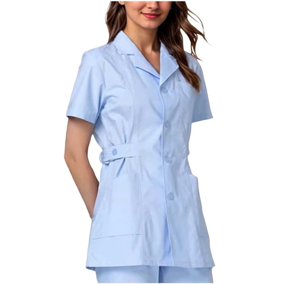 Kezqiaxn Women's Plus Size Tops Nursing Uniform Short Sleeve Collared Button Up Shirt with Pockets Scrub Dressy Work Blouses