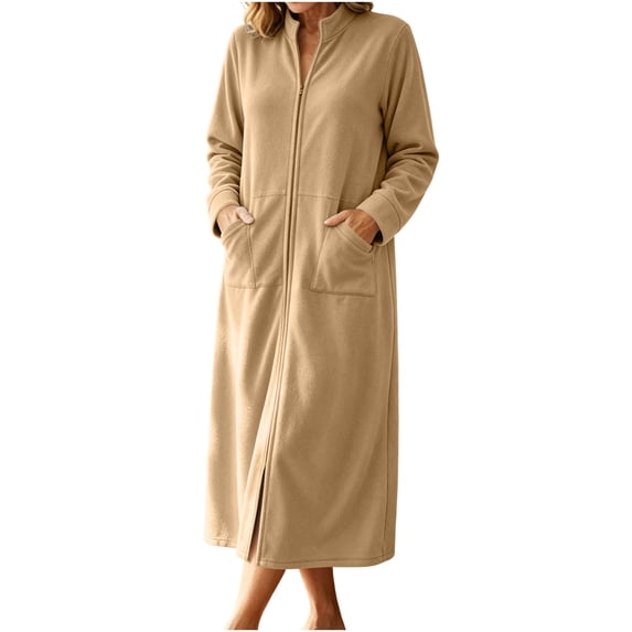 Kezqiaxn Women's Sleepwear Fashion Zipper Long Sleeve Casual Long Nightgown Stand Collar House Dress with Pockets Plus Size Nightgowns Khaki M