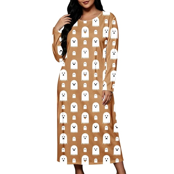 Kezqiaxn Women's Sleepwear Halloween Costumes Long Sleeve Loose Long Nightgown Crew Neck Lounge Dress Plus Size Womens Clothing Khaki D M