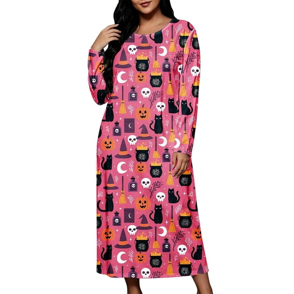 Kezqiaxn Women's Sleepwear Halloween Printed Long Sleeve Loose Casual Long Nightgown Fall Pajama Dress Plus Size Fashion Hot Pink XXL