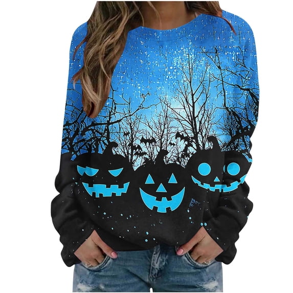 Kezqiaxn Women's Sweatshirt Halloween Pumpkin Long Sleeve Fall Casual Pullover Tops Crew Neck Sweatshirts Women Trendy Clothes