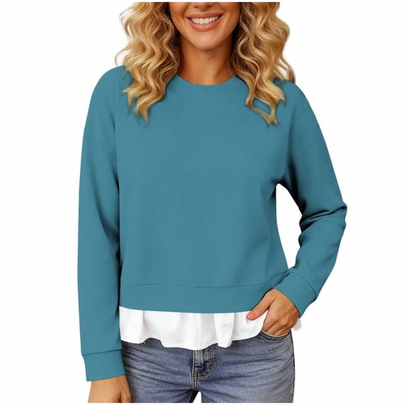 Kezqiaxn Women's Tops Fashion Ruffled Long Sleeve Crew Neck Pullover Casual Shirts Fall Blouses for Women Trendy