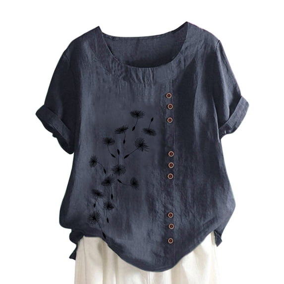 Kezqiaxn Women's Tops Summer Short Sleeve Crew Neck Button Up Shirt Blouses Ladies Basic Tunic Plus Size Clothes for Women