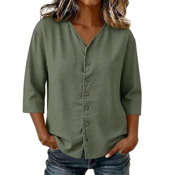 Kezqiaxn Womens Button Down Shirt 3/4 Sleeve V-Neck Summer Tops Dressy Work Blouses Plus Size Clothes for Women
