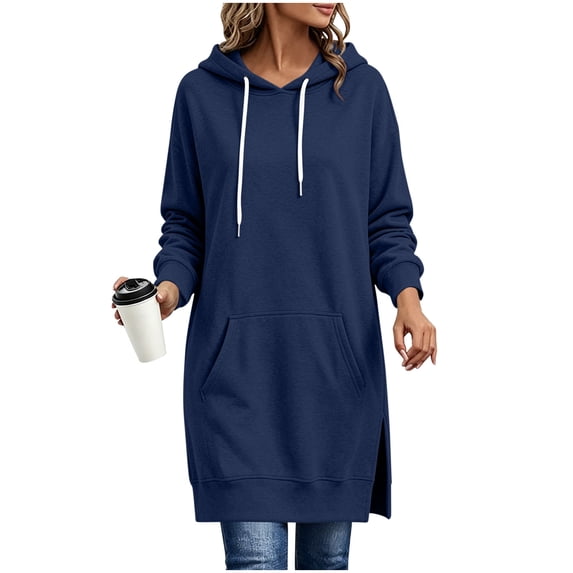 Kezqiaxn Womens Hoodie Fashion Solid Color Side Slit Casual Long Sweatshirts Long Sleeve Drawstring Pullover Tops with Pockets