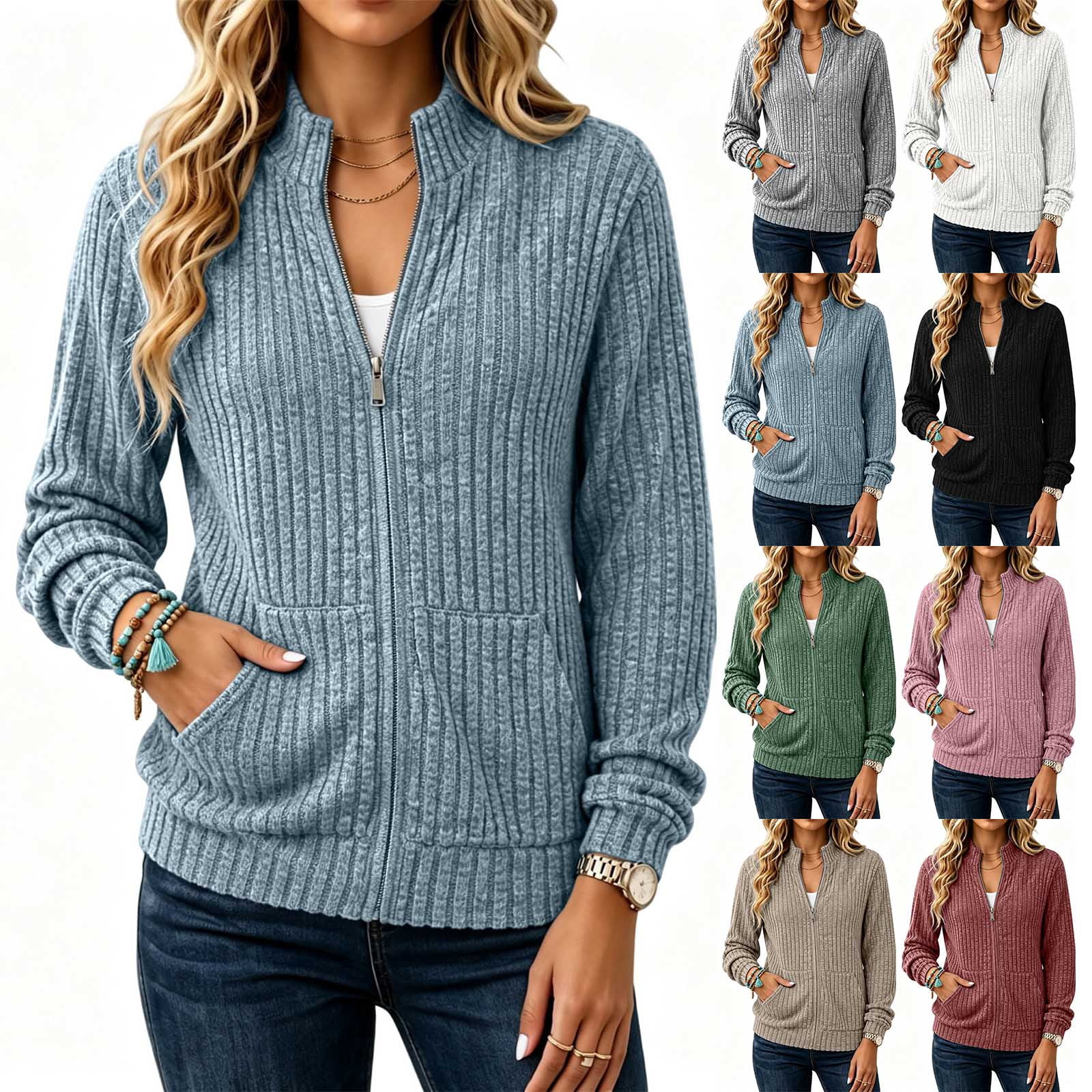 Kezqiaxn Womens Jackets Winter Ribbed Brushed Long Sleeve Zipper Knit ...