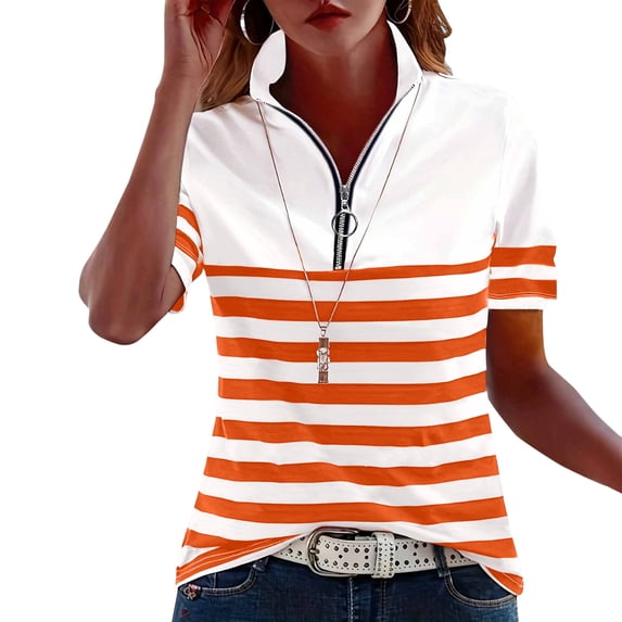 Kezqiaxn Womens Plus Size Tops Striped Short Sleeve Collared Work Shirts with Zipper Business Dressy Work Blouses