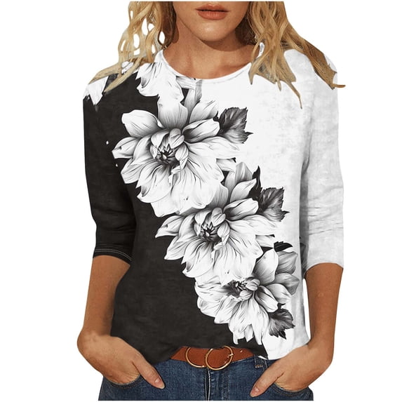 Kezqiaxn Womens Plus Size Tops Summer 3/4 Sleeve Crew Neck Loose Shirts Cute Dressy Casual Clothing Business Work Blouse