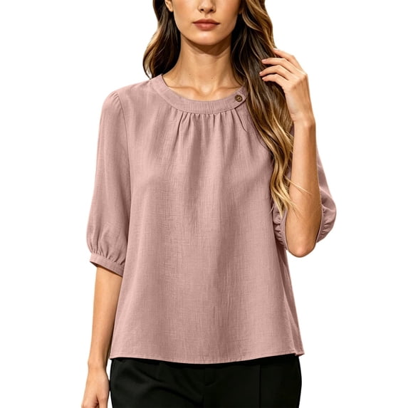 Kezqiaxn Womens Shirts Ruched Half Sleeve Crew Neck Loose Blouse Dressy Summer Tops Plus Size Clothes for Women