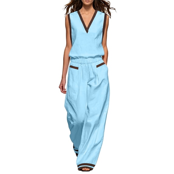 Kezqiaxn Womens Summer Outfits Sleeveless V-Neck Tops and Wide Leg Pants with Pockets Loungewear Set 2 Piece Sets for Women