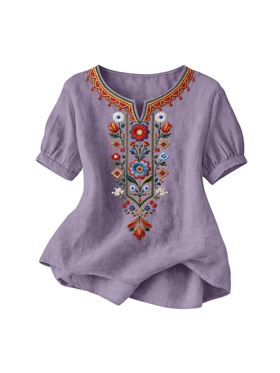 Womens Tops Boho Vintage Embroidered Short Sleeve V-Neck Loose Shirts Business Work Blouses Plus Size Fashion