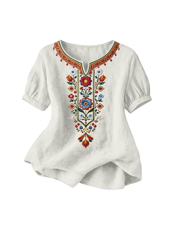 Womens Tops Boho Vintage Embroidered Short Sleeve V-Neck Loose Shirts Business Work Blouses Plus Size Fashion