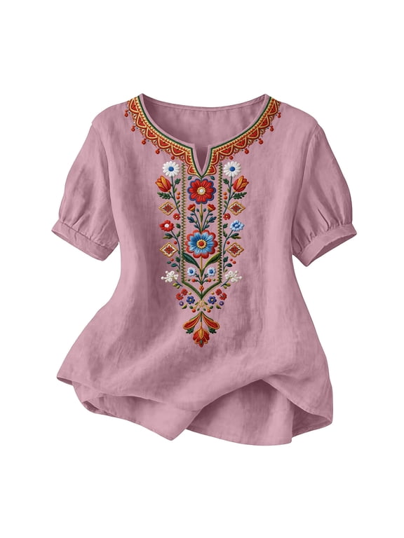 Womens Tops Boho Vintage Embroidered Short Sleeve V-Neck Loose Shirts Business Work Blouses Plus Size Fashion