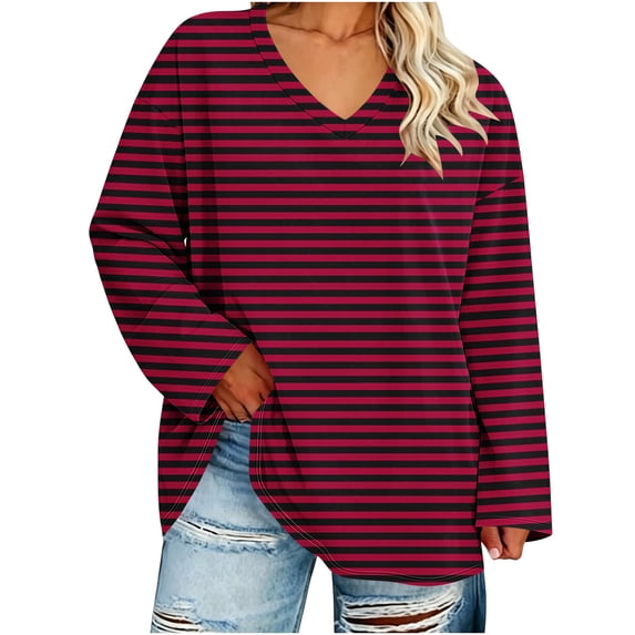 Kezqiaxn Womens Tops Striped Long Sleeve Fall V-Neck Loose Shirts Blouses for Women Dressy Casual Plus Size Fashion