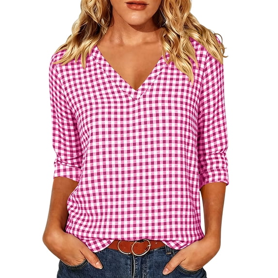 Kezqiaxn Womens Tops Summer Checkered Short Sleeve V-Neck Yoga Y2K Shirts Blouses for Women Dressy Casual Fashion Clothing