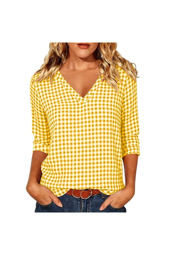 Womens Tops Summer Checkered Short Sleeve V-Neck Yoga Y2K Shirts Blouses for Women Dressy Casual Fashion Clothing
