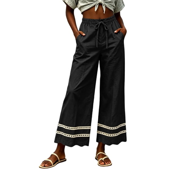 Kezqiaxn Womens Wide Leg Pants Drawstring Lace Splice Elastic Waist Loose Casual Trousers with Pockets Lounge Pants Women