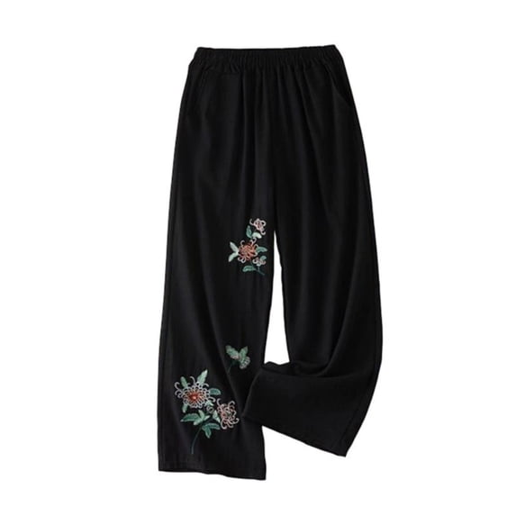 Kezqiaxn Womens Wide Leg Pants Plus Size Fashion Elastic Waist Trendy Embroidery Loose Casul Pants with Pockets Summer Clothes
