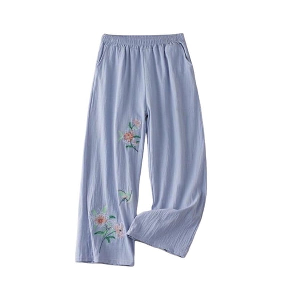 Kezqiaxn Womens Wide Leg Pants Plus Size Fashion Elastic Waist Trendy Embroidery Loose Casul Pants with Pockets Summer Clothes