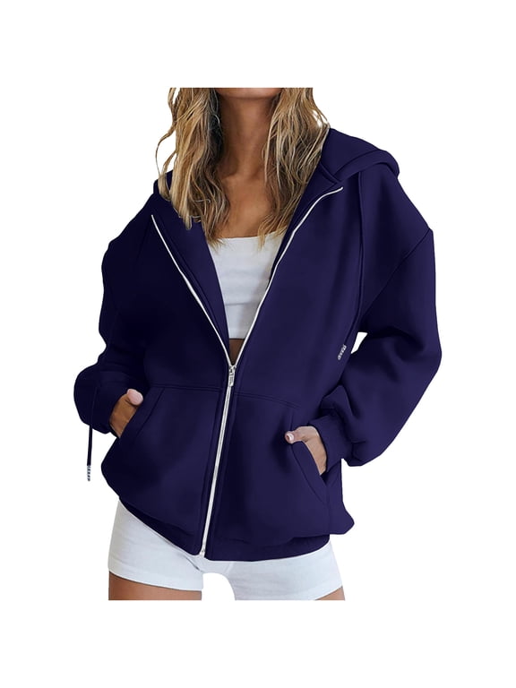 Womens Sweatshirt Fall Long Sleeve Drawstring Zip Up Hoodie Casual Athletic Jacket with Pockets Plus Size Fashion