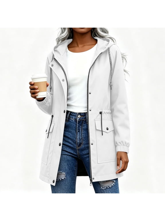 Zip Up Hoodie Women Fashion Drawstring Waterproof Jacket with Pockets Casual Outdoor Long Windbreaker Winter Coat