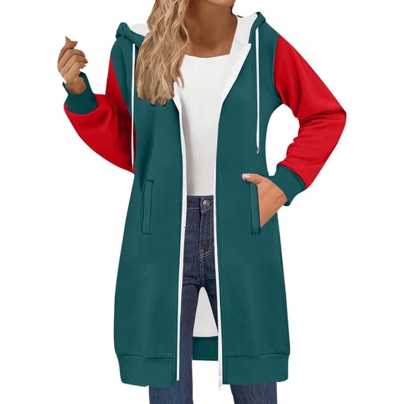 Kezqiaxn Zip Up Sweatshirt Women Fashion Color Block Long Sleeve Casual Long Jacket with Pockets Fall Winter Womens Sweatshirts