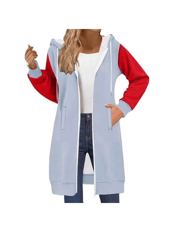 Zip Up Sweatshirt Women Fashion Color Block Long Sleeve Casual Long Jacket with Pockets Fall Winter Womens Sweatshirts