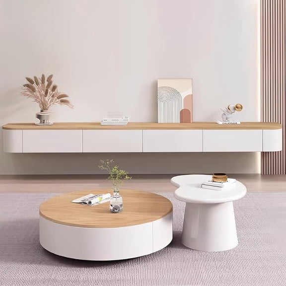 Kferfft Floating TV Stand 55 Inch Wall Mounted TV Media Console with Multi Storage Compartment, Modern Storage TV Bench for Living Room & Office (Wood + White, 55.1x9.5x7.9 in)