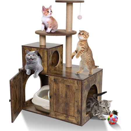 Kfvigoho Cat Tree Cat Tower with Litter Box Enclosure, 47" Cat Climbing Tower with Scratching Posts, Wood Cat Condos for Indoor Cats Brown