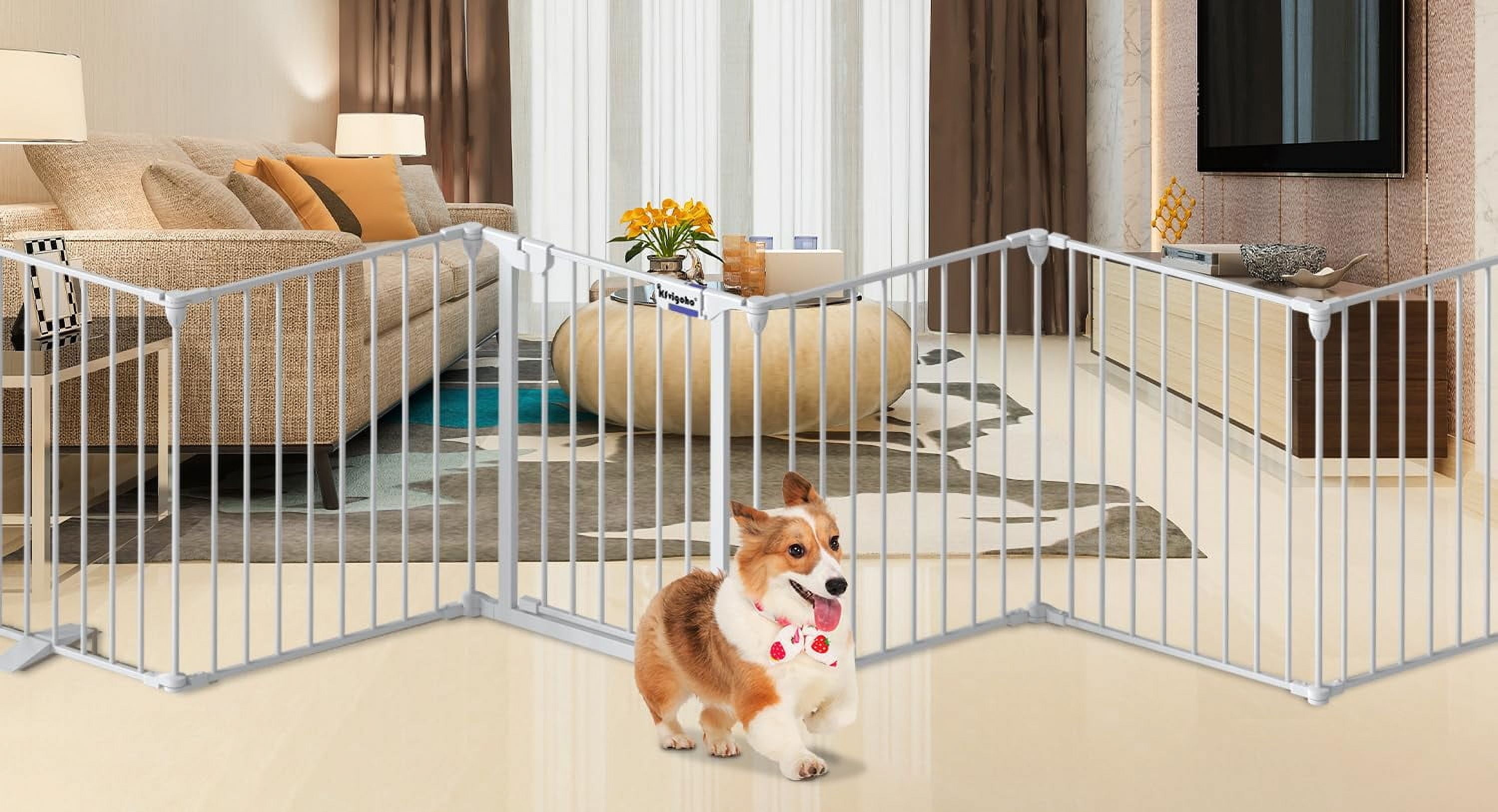 Kfvigoho Dog Gate 35"-149" Extra-Wide Gate for Stairs, Freestanding wire pet door, fireplace dual-locking system with automatic door closing feature, collapsible 6 steel panels (White, 8 panels)