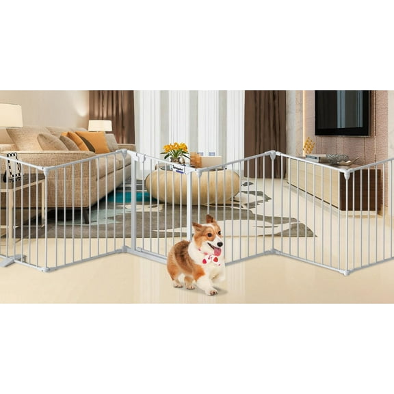 Kfvigoho Dog Gate 35"-149" Extra-Wide Gate for Stairs, Freestanding wire pet door, fireplace dual-locking system with automatic door closing feature, collapsible 6 steel panels (White, 8 panels)