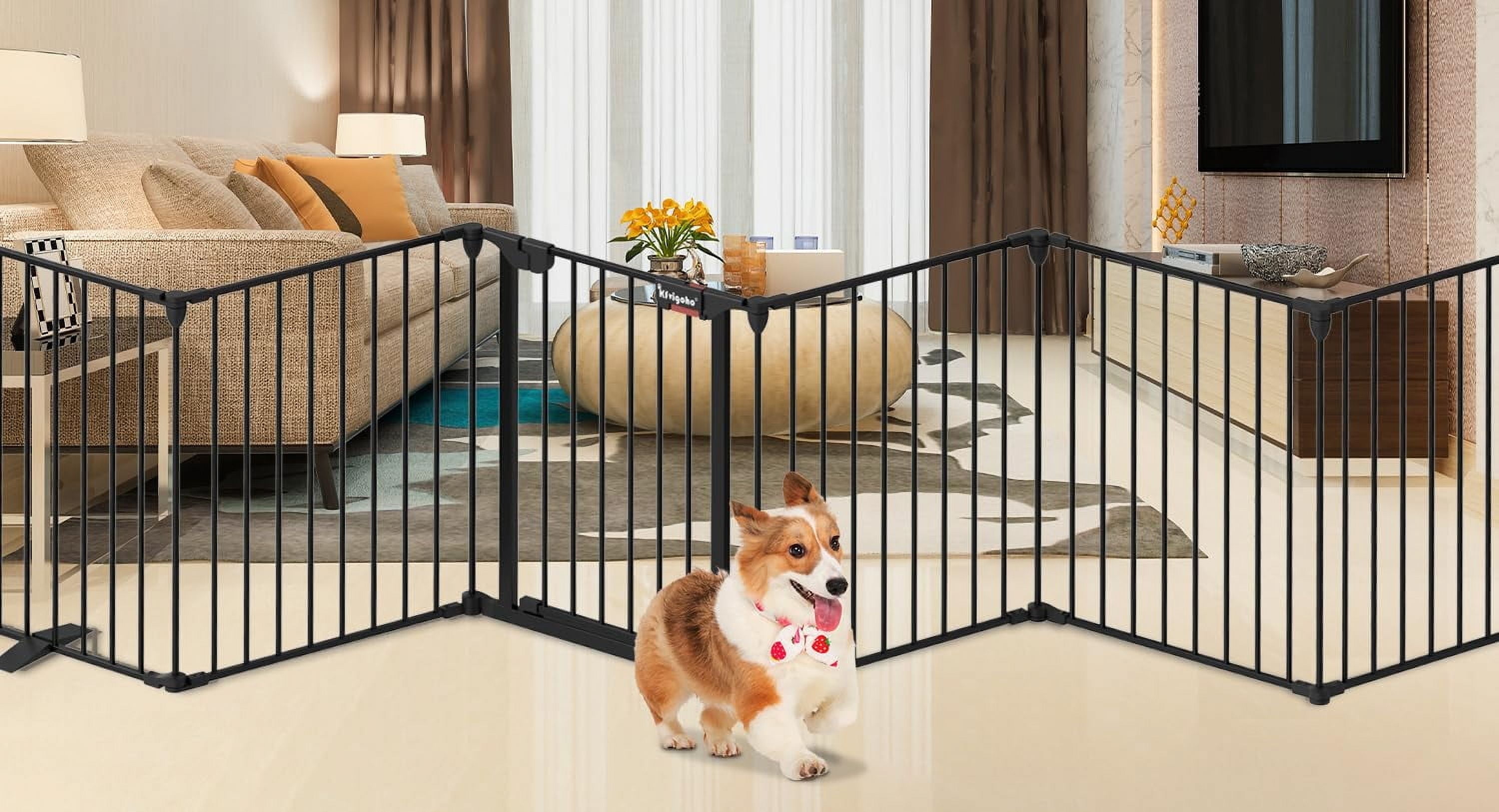Kfvigoho Dog Gate 35"-199" Extra-Wide Gate for Stairs, Freestanding wire pet door, fireplace dual-locking system with automatic door closing feature, collapsible 6 steel panels (Black, 8 panels)
