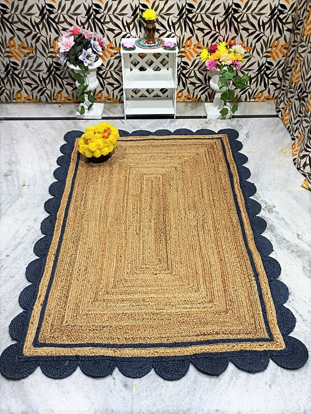 Kh Handloom Handmade Braided Natural Pure Jute Area Rug Blue Boundry