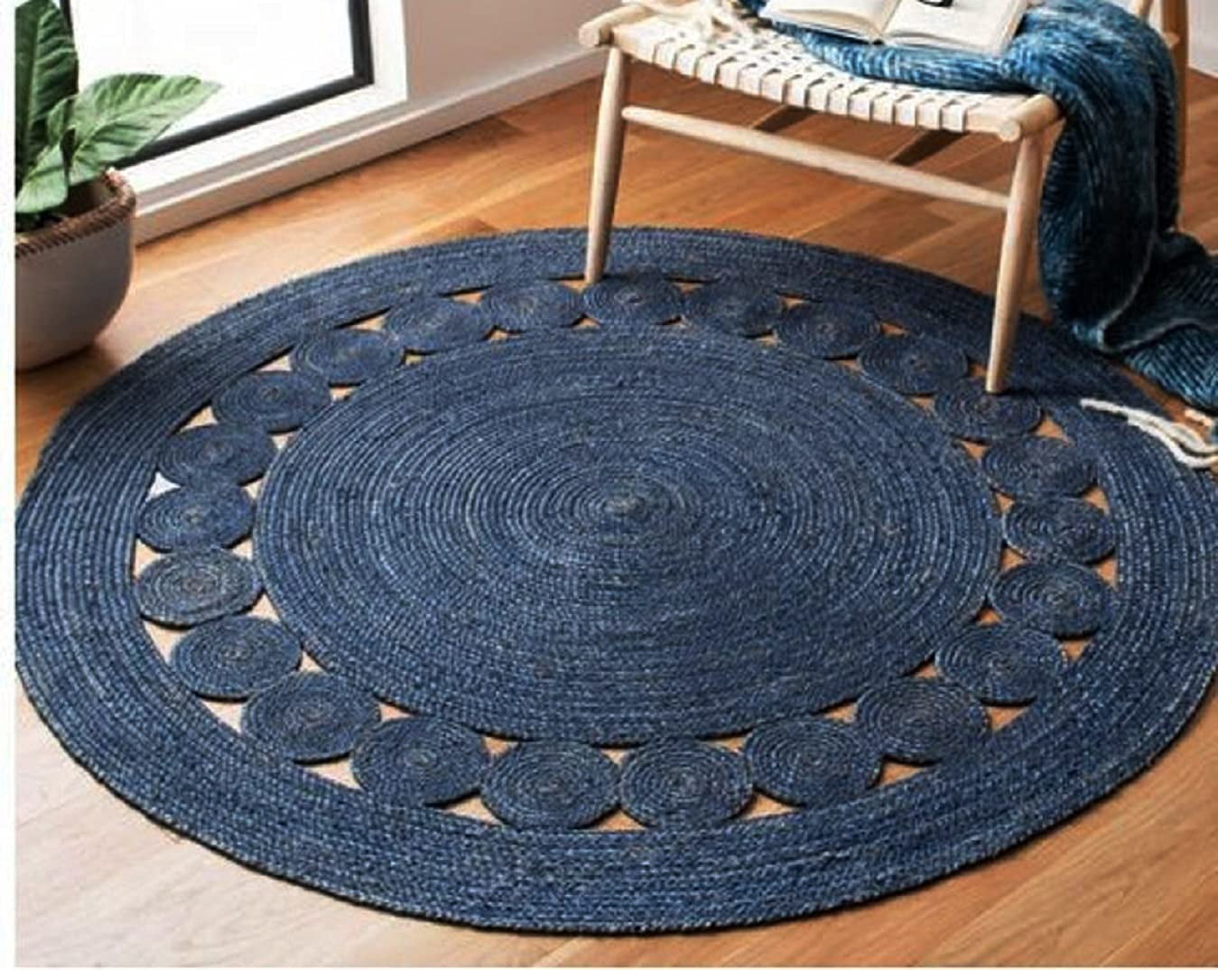 Kh Handloom Handmade Hand Braided Natural Blue Jute Round Floor Area ...