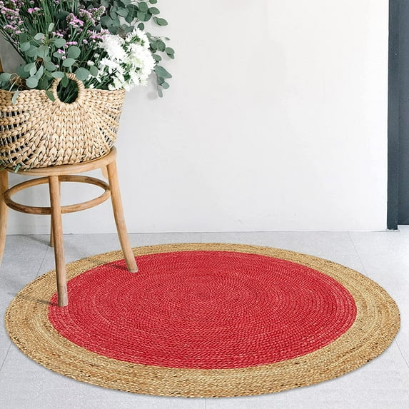 Kh Handloom Handmade Hand Braided Natural Jute and Inner Red Round Floor Area Rug,Floor Carpet Rug 6 x 6 Feet