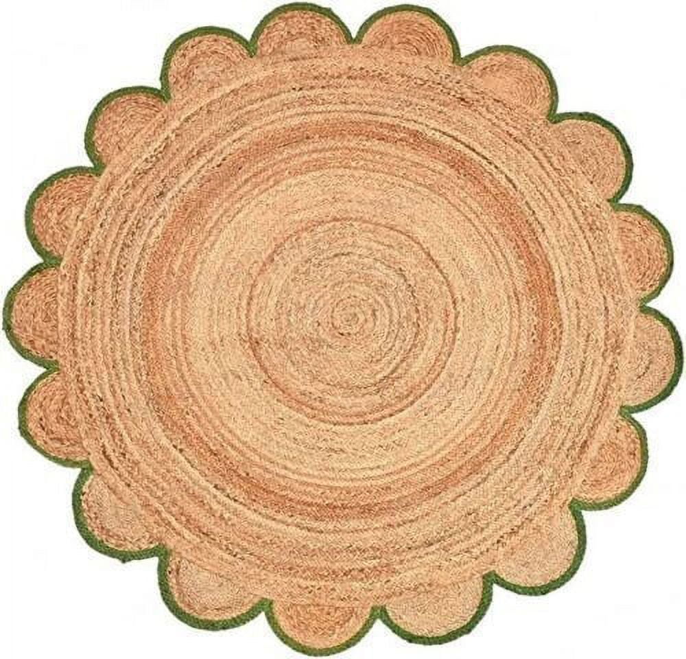 Kh Handloom Handwoven Braided Natural Jute Round Rug With Green Border
