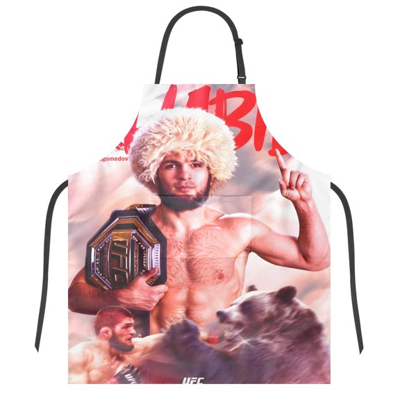 Khabib Nurmagomedov apron has an iconic print, is durable and adjustable, with none pocket for convenience. Perfect for fans,27" x 33"70*84cm