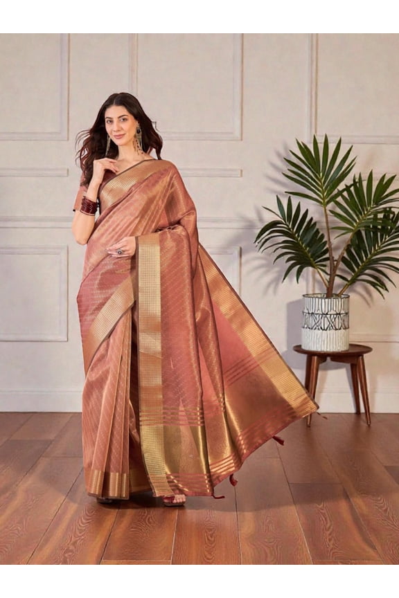 Khadi Organza Saree with Ready Blouse, Cultural Wear for Women