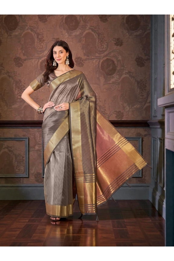 Khadi Organza Saree with Ready Blouse, Cultural Wear for Women