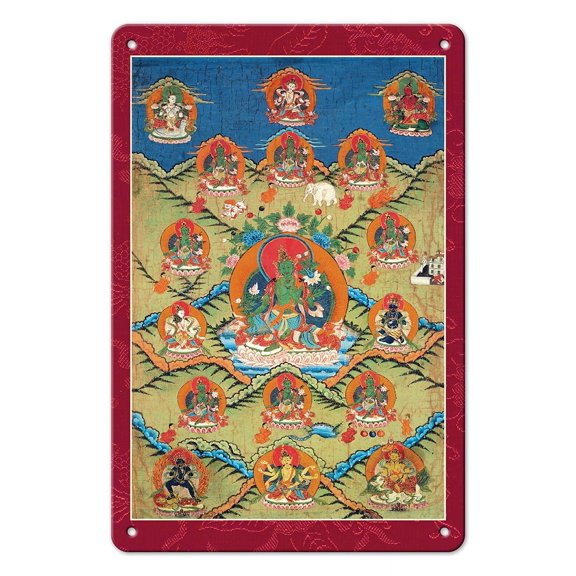 Khadiravani Green Tara - Savior From The Eight Dangers - Tantric Buddhist Deity - Vintage Tibetan Thangka Buddhist Painting - Tibet, 13th Century - 8 x 12 inch Vintage Metal Tin Sign