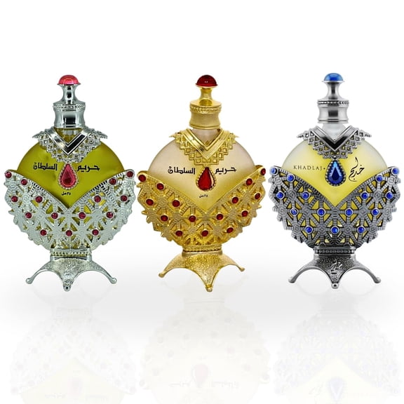 Khadlaj Hareem Al Sultan Perfume Oil 3-Piece Gift Set (1.18 Oz Blue+Gold+Silver)