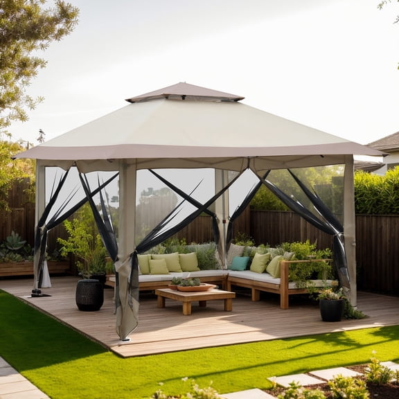 Khaki 12x12ft Pop-Up Gazebo with Mosquito Netting, Double Top Folding Canopy