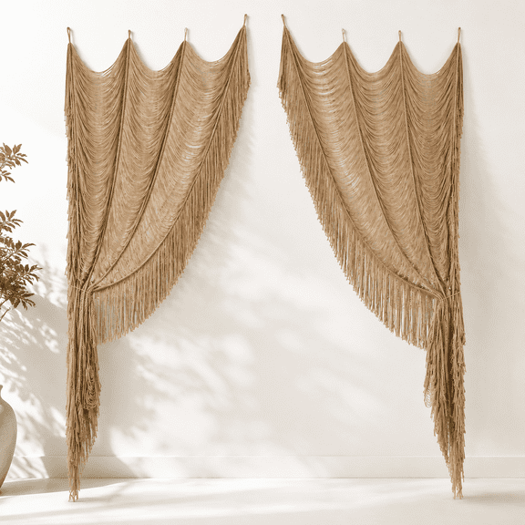 Khaki *2 Handwoven Cotton Macrame Curtain Panels Set of 2, 59" W x 75" H