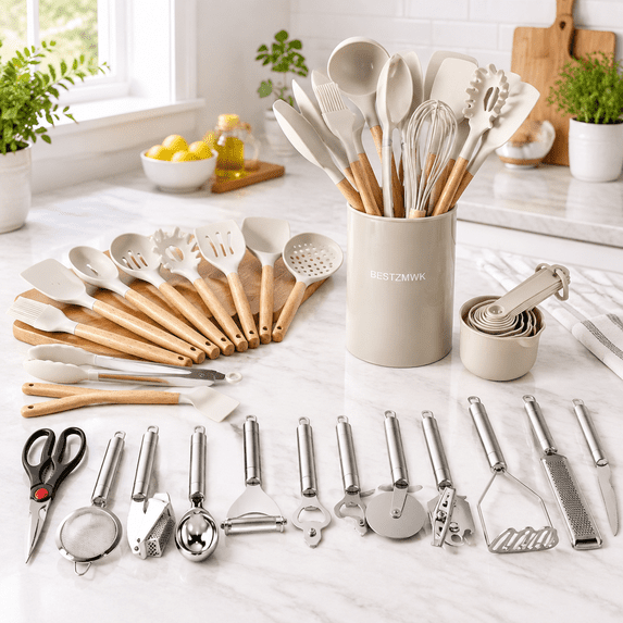 Khaki 35-Piece Heat Resistant Food Grade Silicone and Wood Handle ...