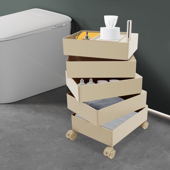Khaki ABS 5-Story 360 Rotating Storage Cabinet, 41.5x31.5x61cm, Multifunctional Storage Cabinet With Universal Wheel