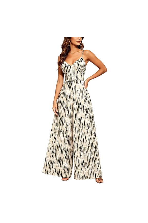 Khaki Abstract Print Overalls for Women Fall Summer Slip V Neck Backless Casual Bow Tie High Waisted Camisole Coveralls Romper Ladies 2026 Clothes Fashion Regular Fit S