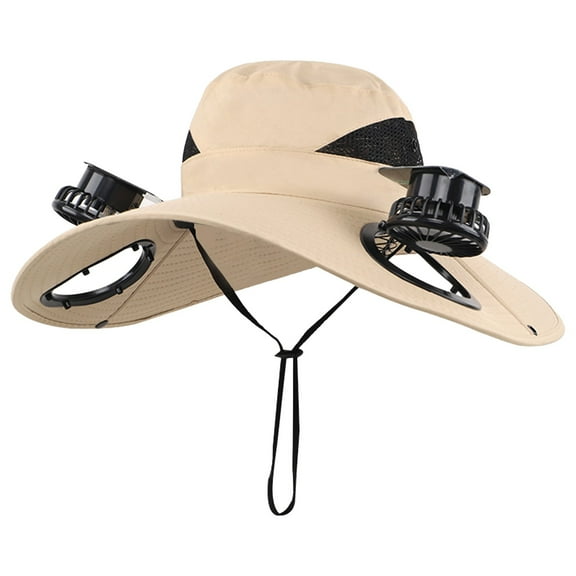Khaki All-In-One Solar Fan Sun Hat, 600Mah Battery, Integrated Fan, Wide Brim For Outdoor Protection, Mesh, Adjustable